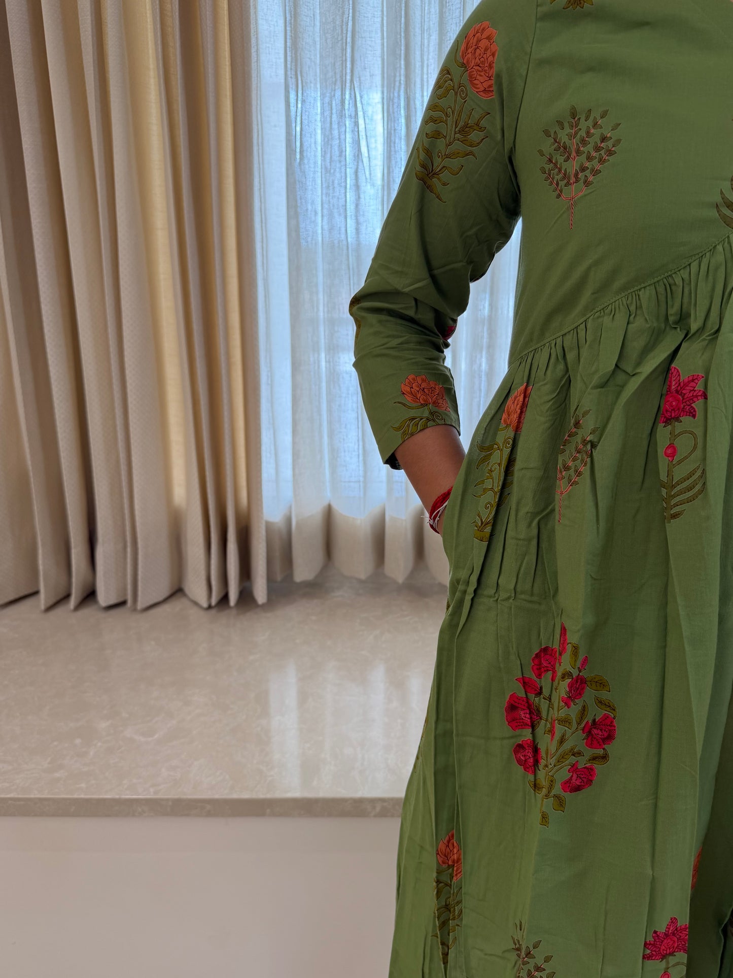 Green Flower Aliacut Cotton Maxi