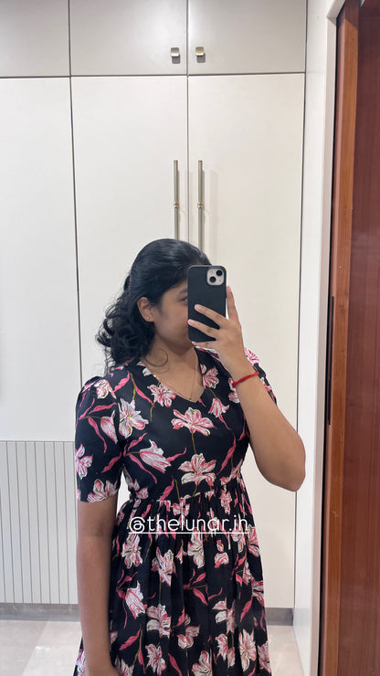 Black Pink Flower Cotton Maxi