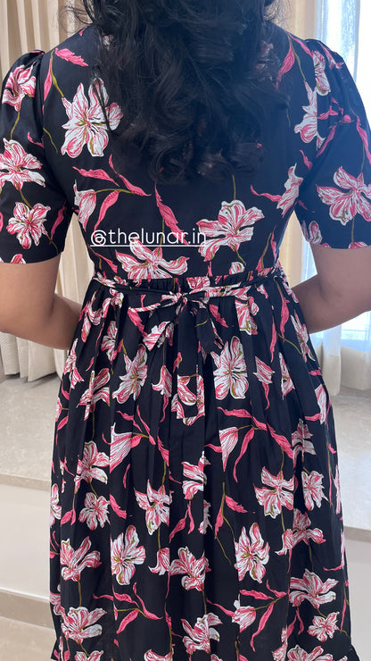 Black Pink Flower Cotton Maxi