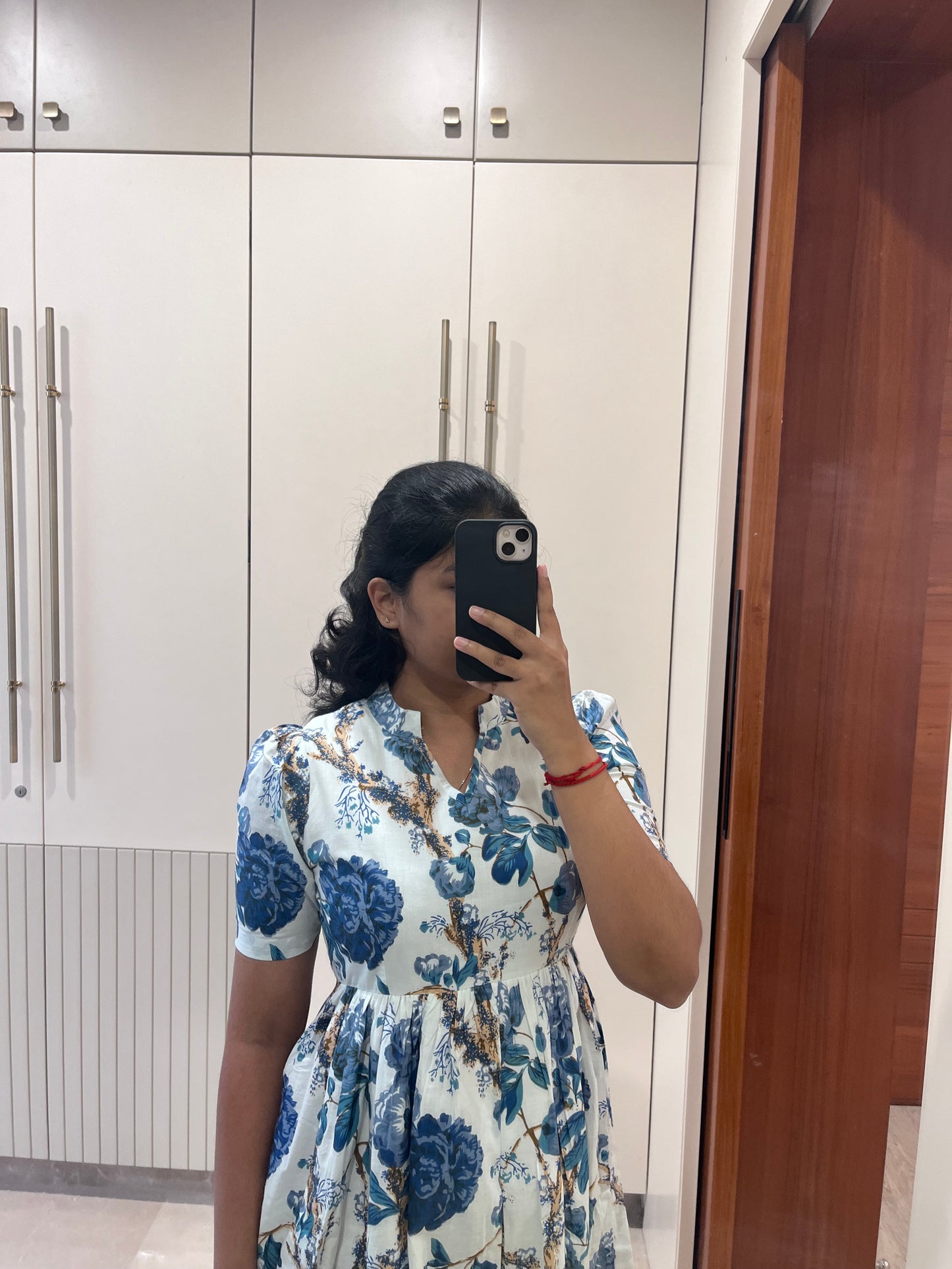 White With Dark Blue Flower Cotton Maxi