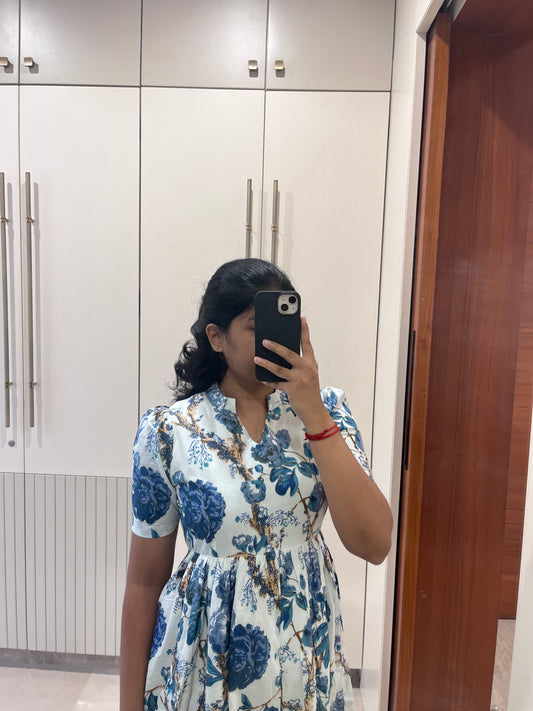 White With Dark Blue Flower Cotton Maxi