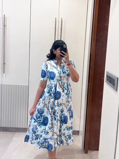 White With Dark Blue Flower Cotton Maxi