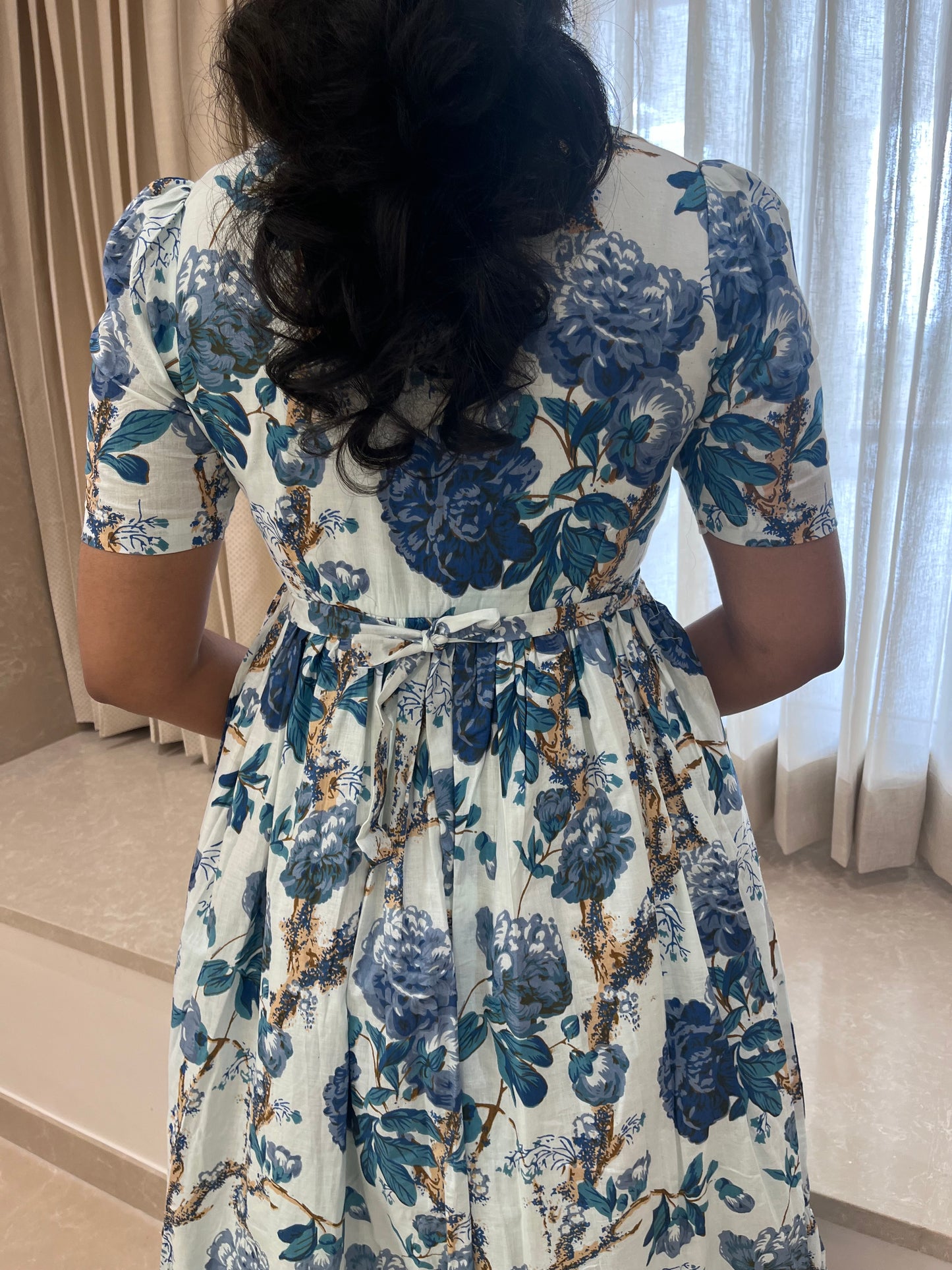 White With Dark Blue Flower Cotton Maxi