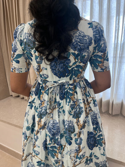 White With Dark Blue Flower Cotton Maxi