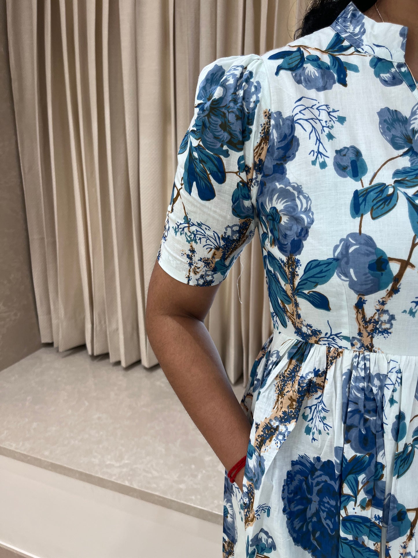 White With Dark Blue Flower Cotton Maxi