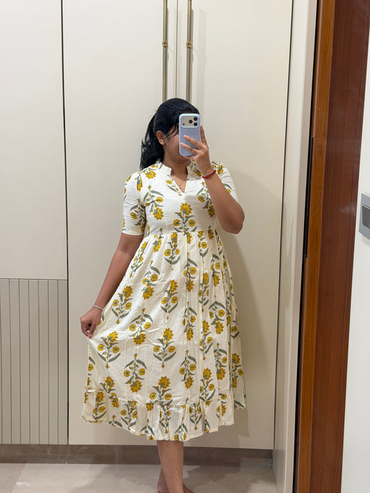 White with Yellow Flower cotton