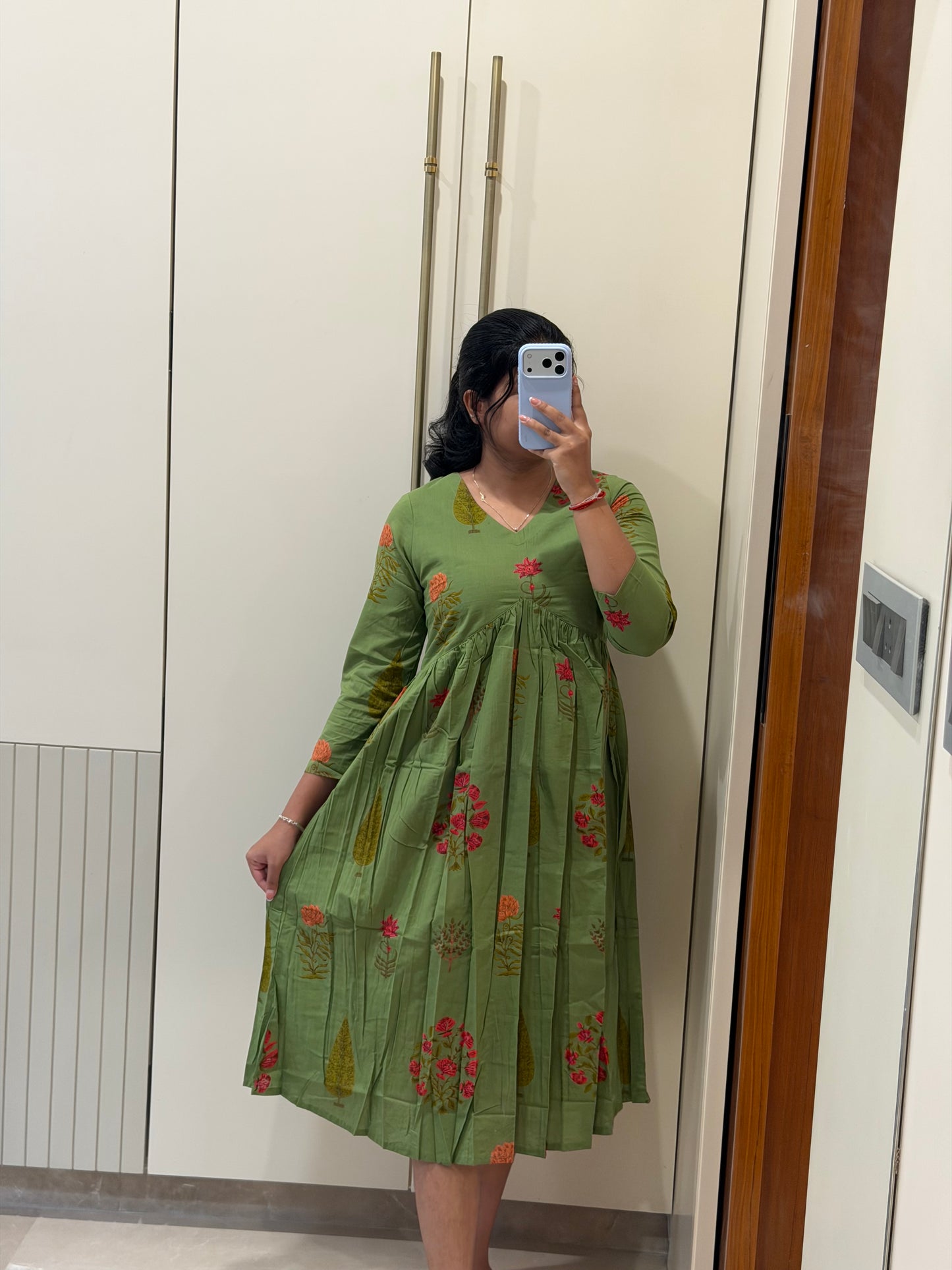 Green Flower Aliacut Cotton Maxi
