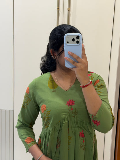 Green Flower Aliacut Cotton Maxi