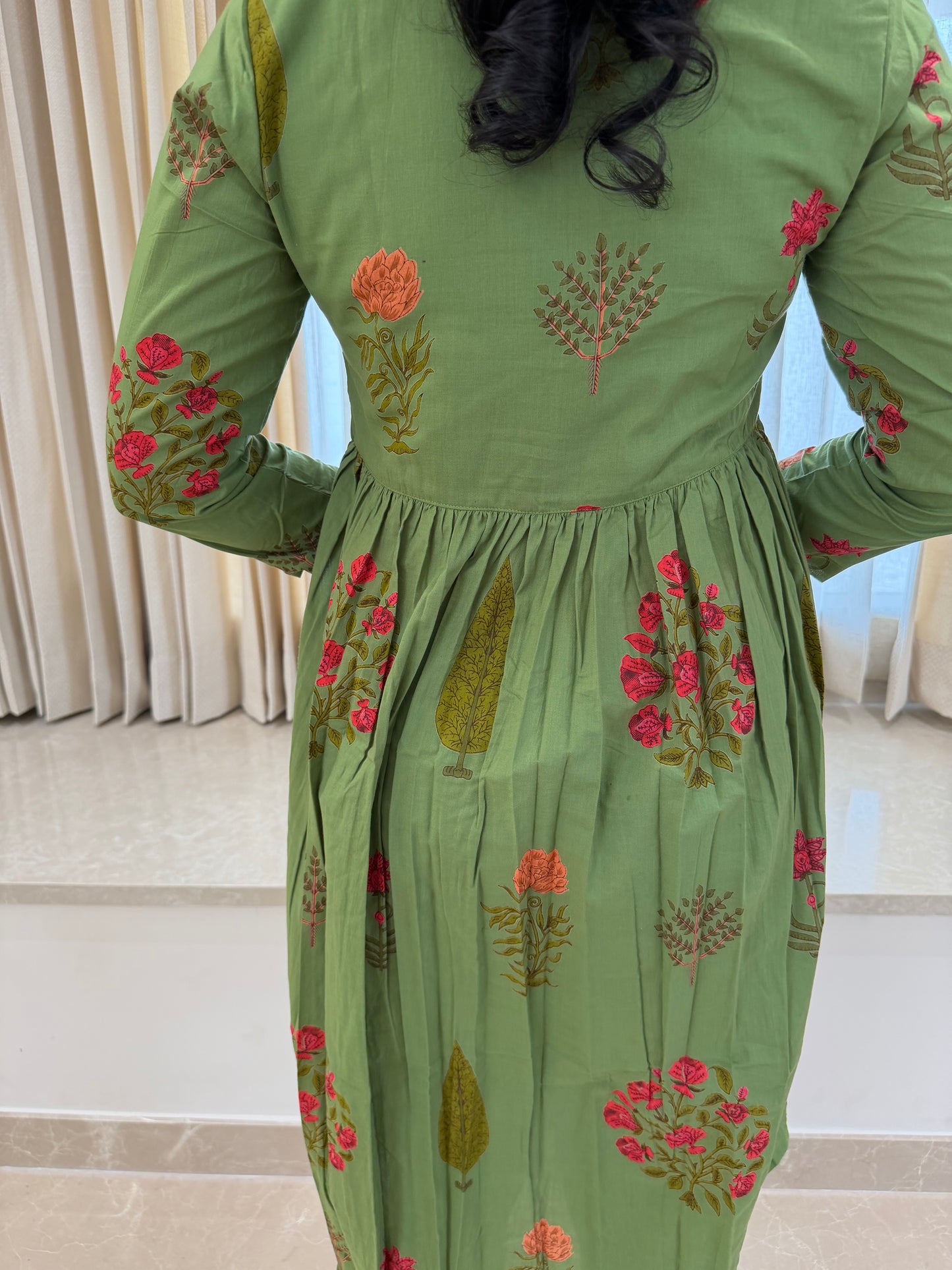 Green Flower Aliacut Cotton Maxi