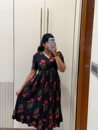 Black With Red Flower Cotton Maxi