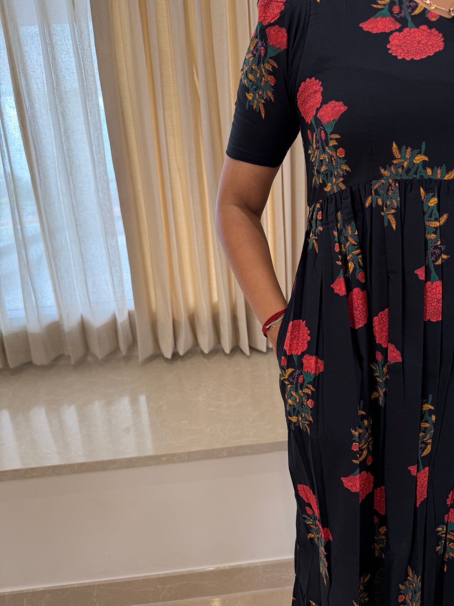 Black With Red Flower Cotton Maxi