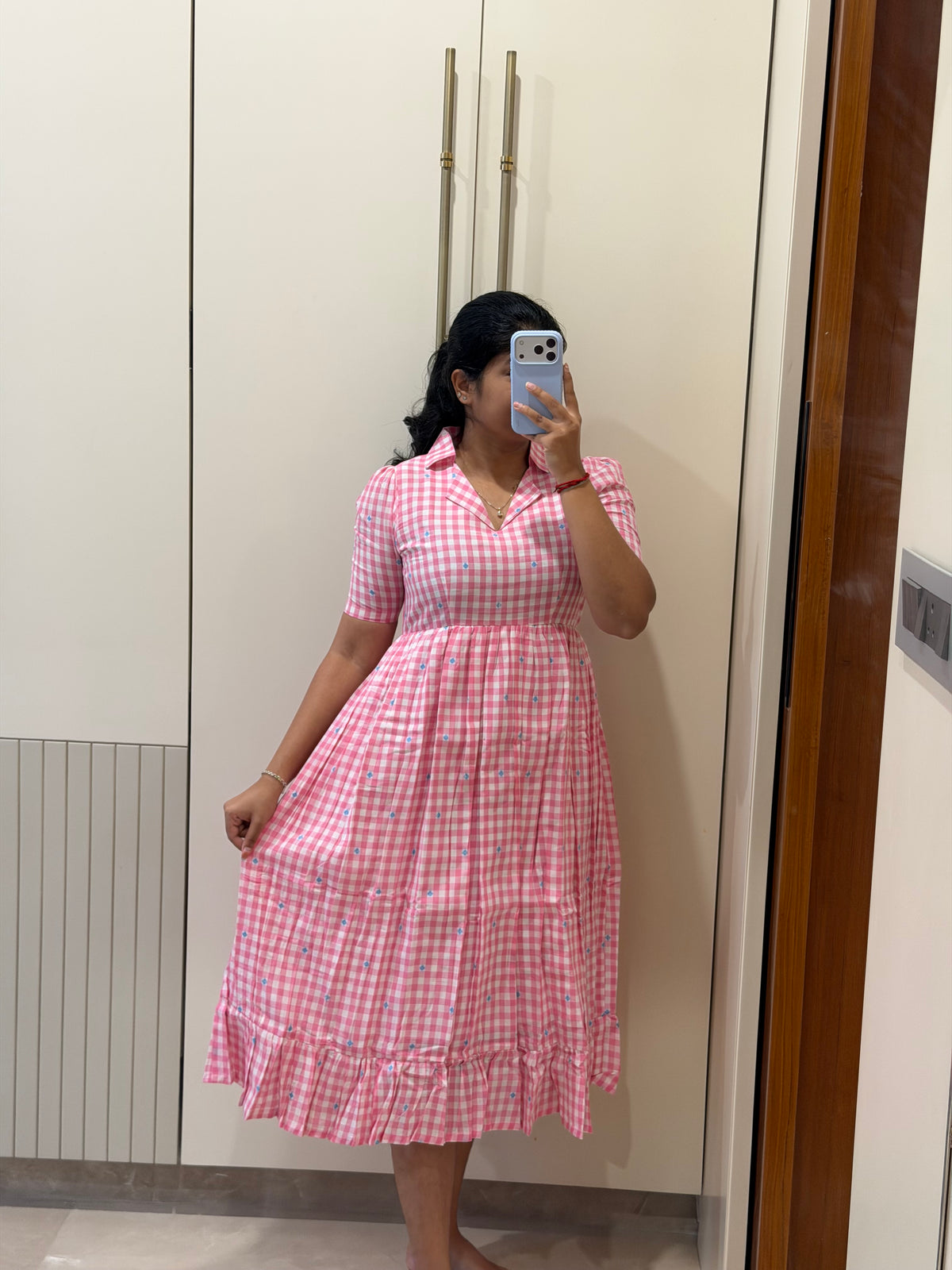 Pink checked Handloom Cotton maxi