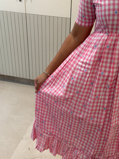 Pink checked Handloom Cotton maxi
