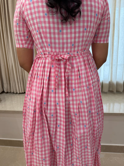 Pink checked Handloom Cotton maxi