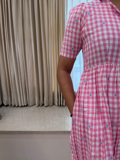 Pink checked Handloom Cotton maxi