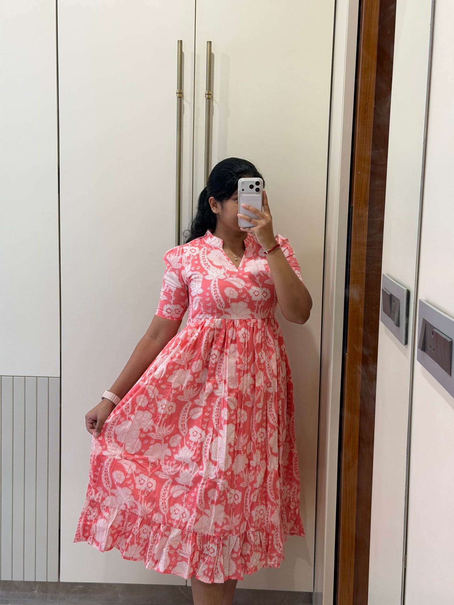 Pink White Floral Cotton Maxi