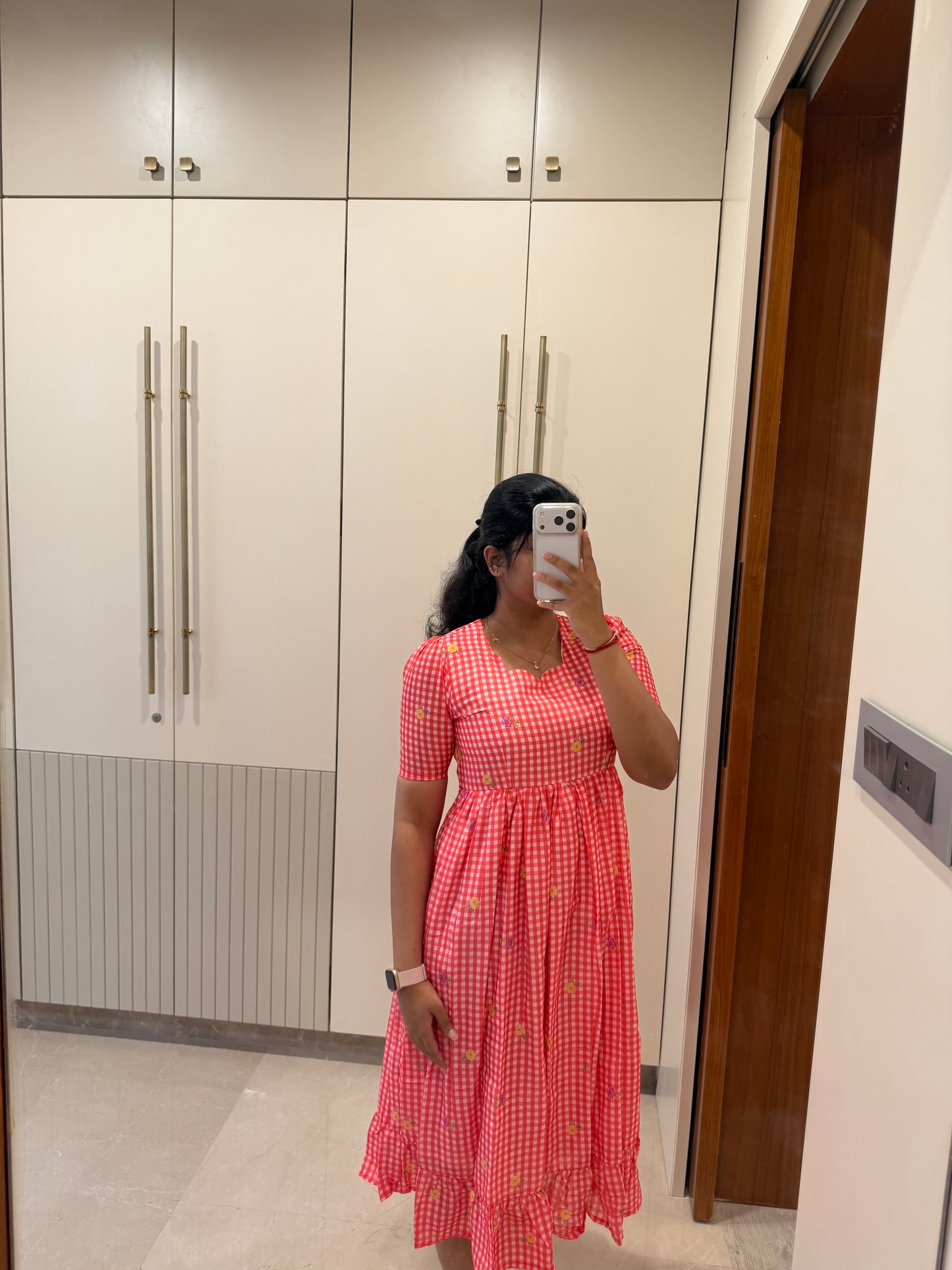 Red Checked soft Mul Chanderi Dress