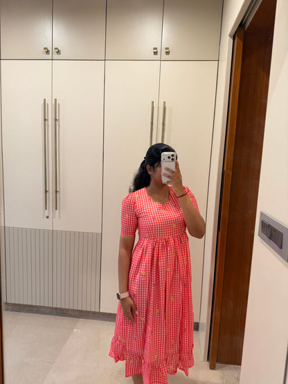 Red Checked soft Mul Chanderi Dress