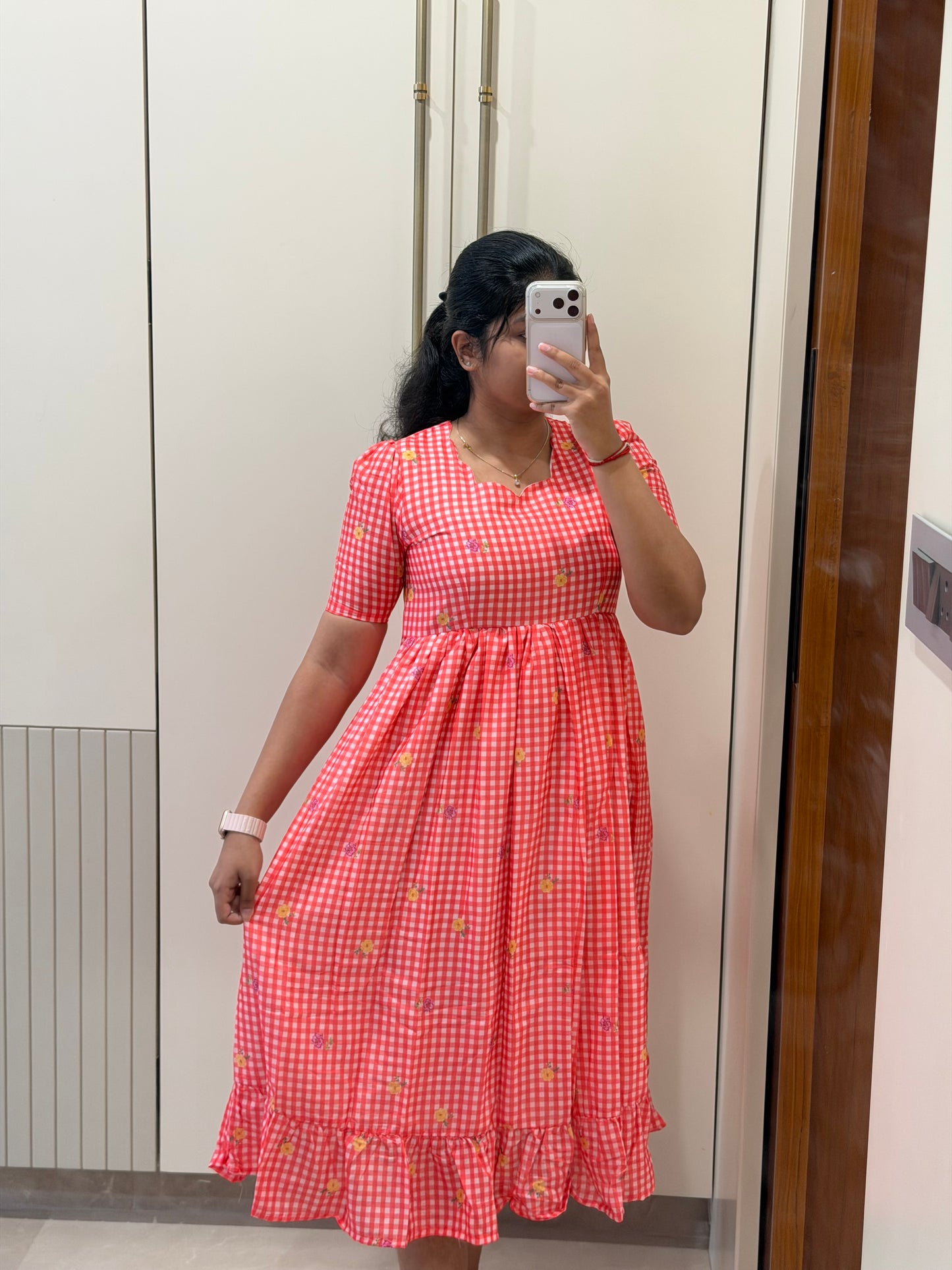 Red Checked soft Mul Chanderi Dress