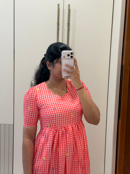 Red Checked soft Mul Chanderi Dress
