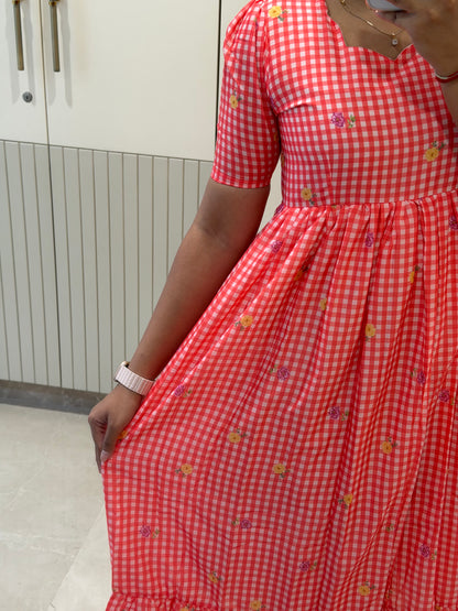 Red Checked soft Mul Chanderi Dress