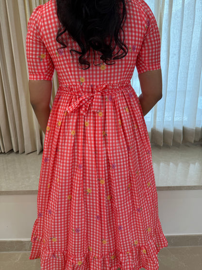 Red Checked soft Mul Chanderi Dress
