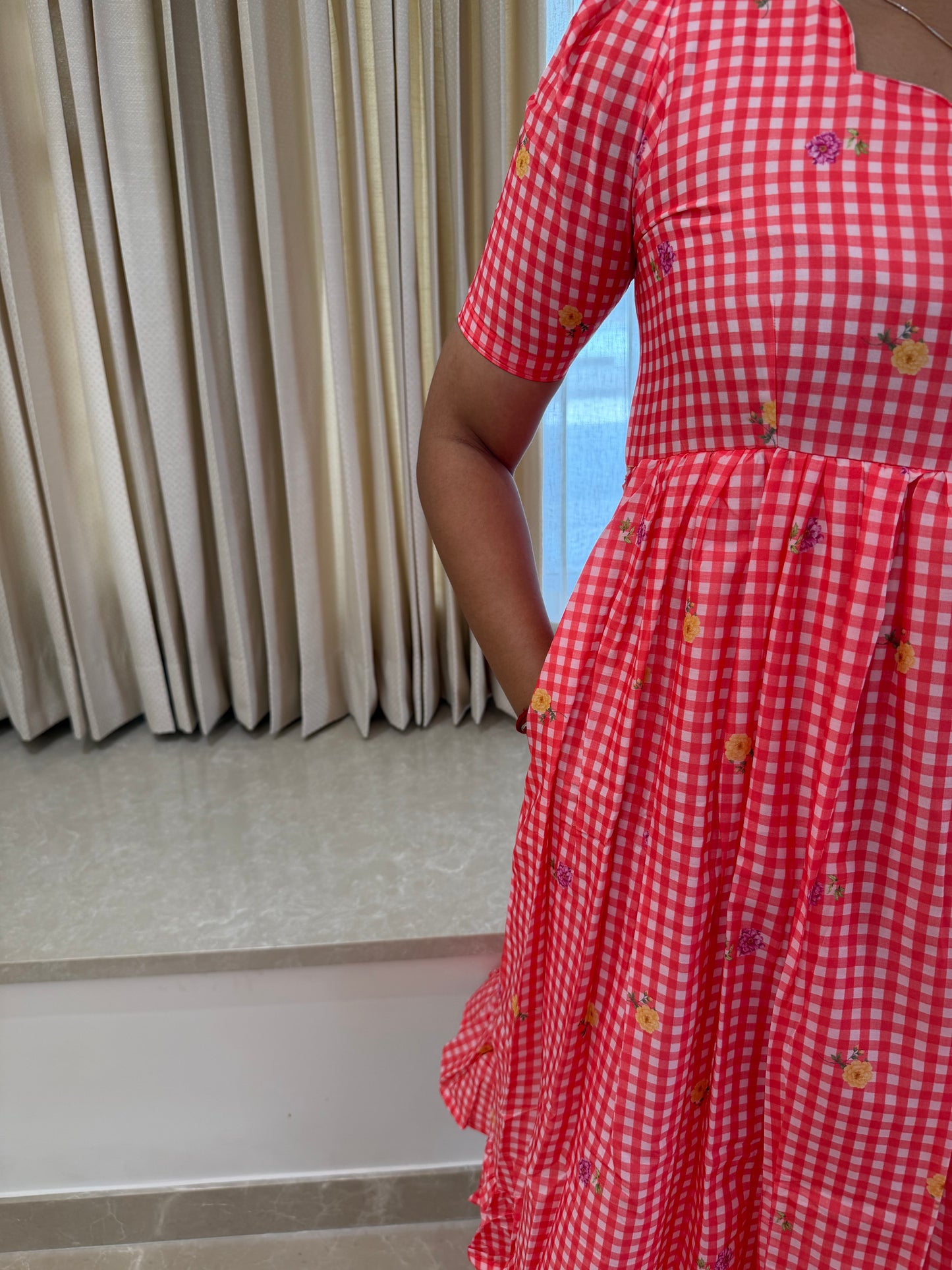 Red Checked soft Mul Chanderi Dress