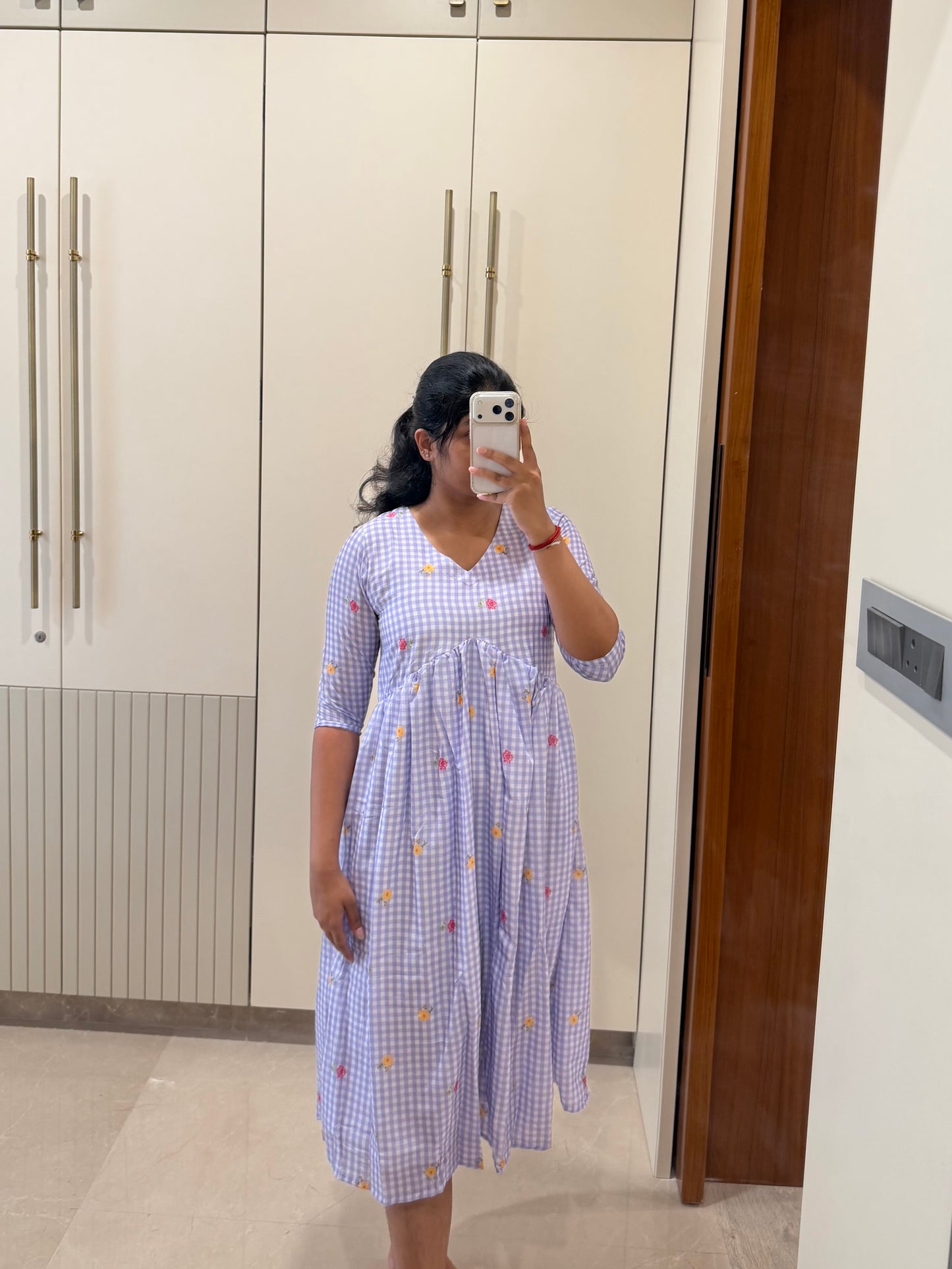 Purple Checked Aliacut Mul Chanderi Maxi