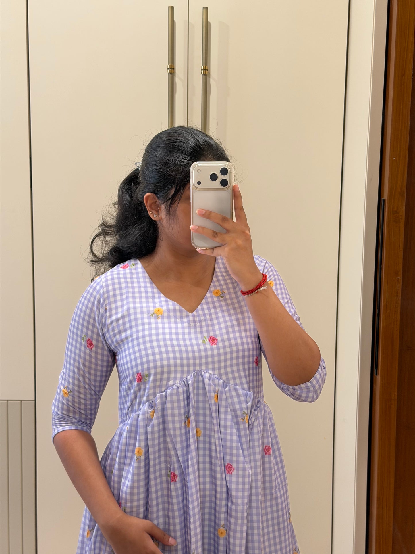 Purple Checked Aliacut Mul Chanderi Maxi