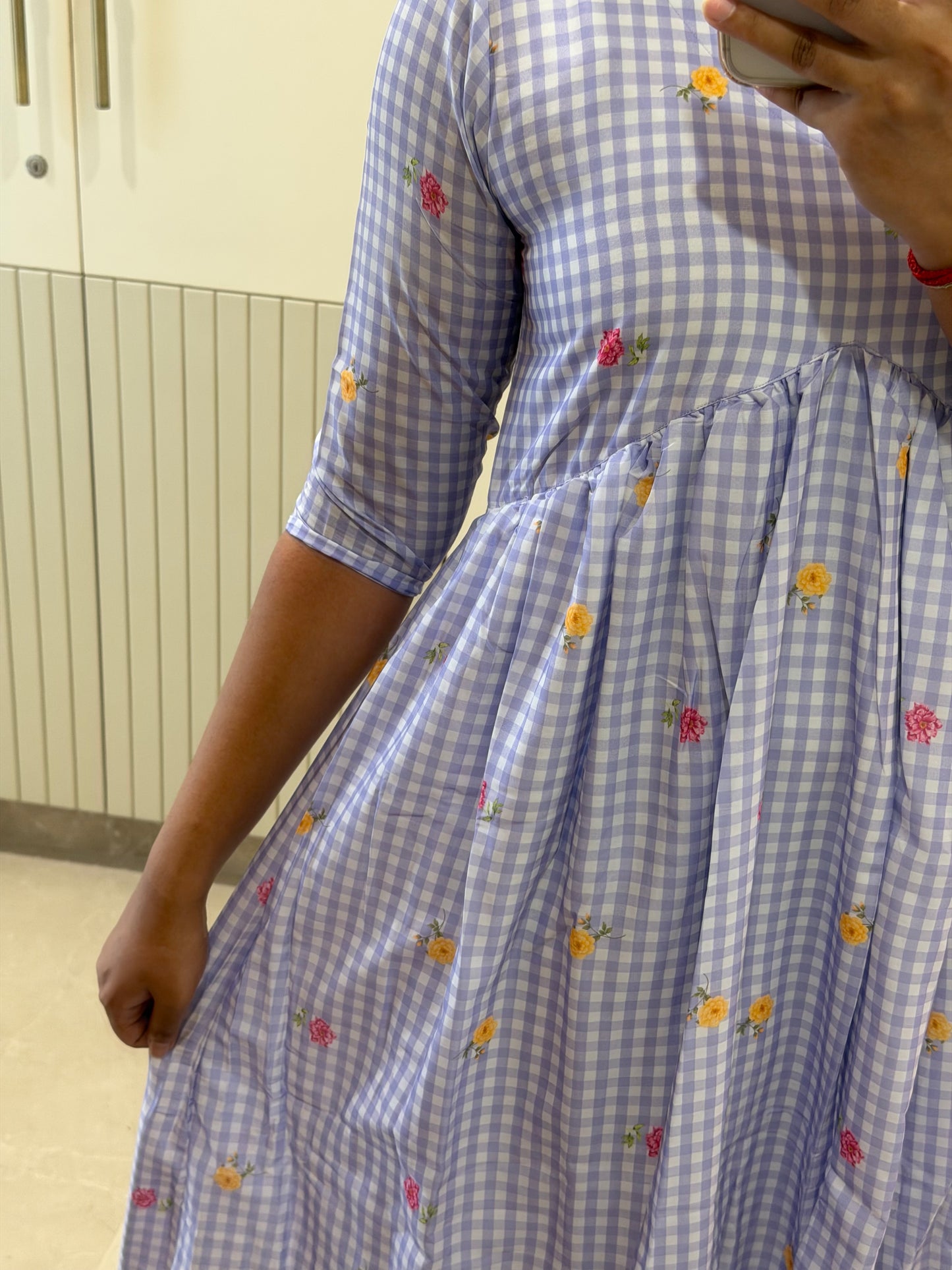 Purple Checked Aliacut Mul Chanderi Maxi