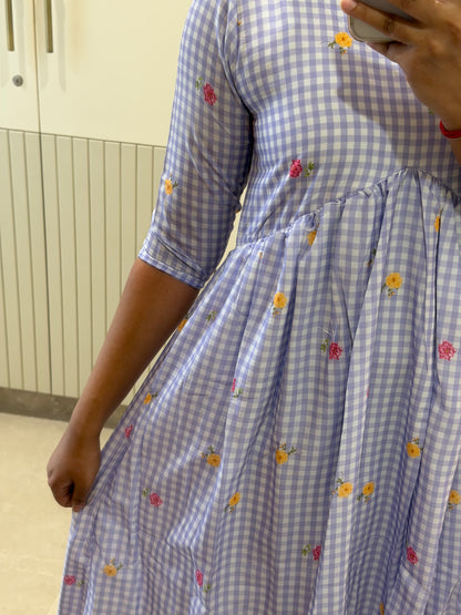 Purple Checked Aliacut Mul Chanderi Maxi