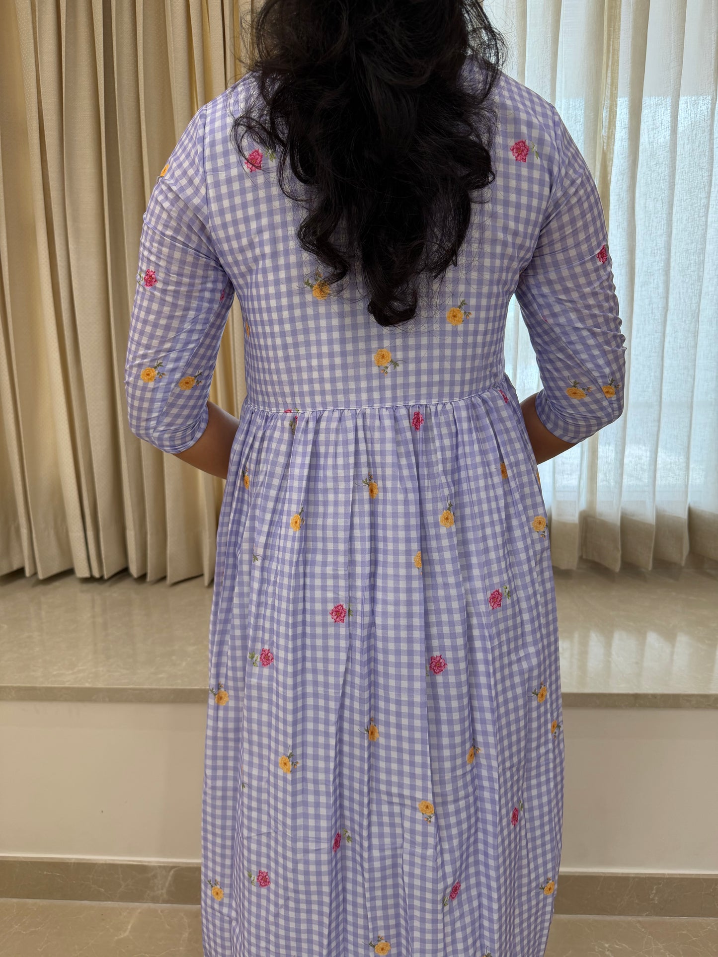 Purple Checked Aliacut Mul Chanderi Maxi