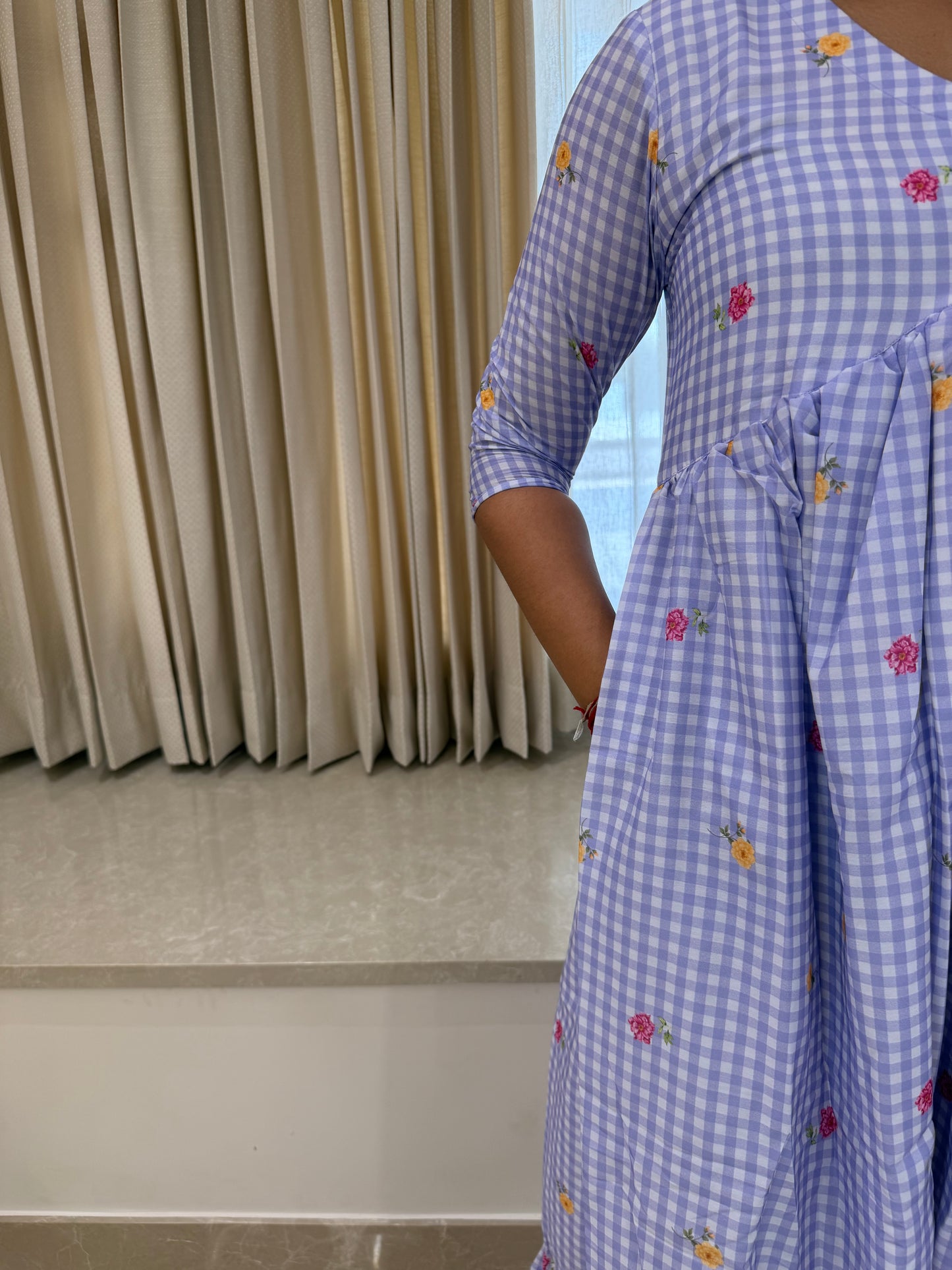 Purple Checked Aliacut Mul Chanderi Maxi