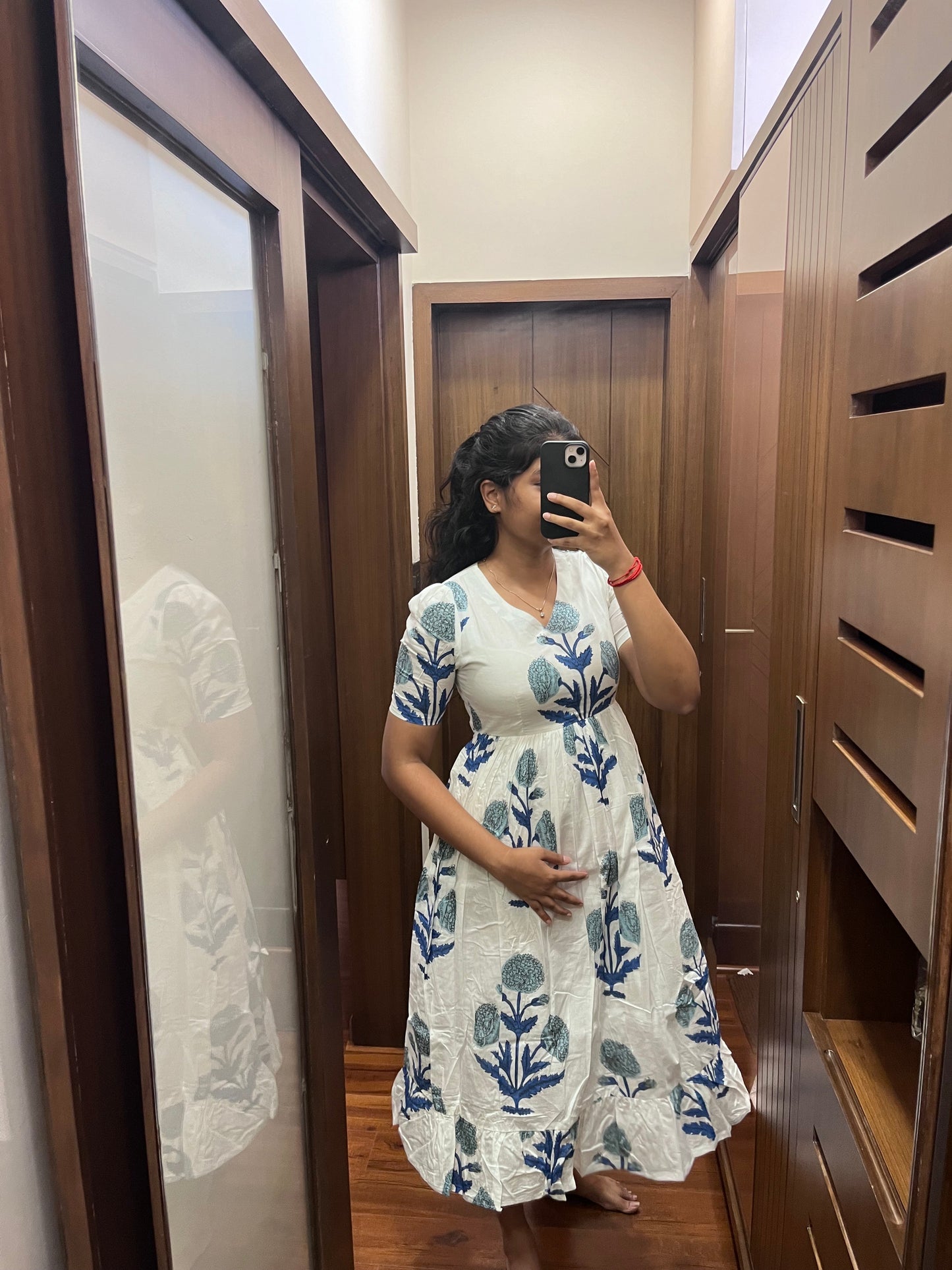 White Blue Flower Cotton Maxi