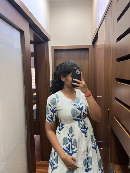 White Blue Flower Cotton Maxi