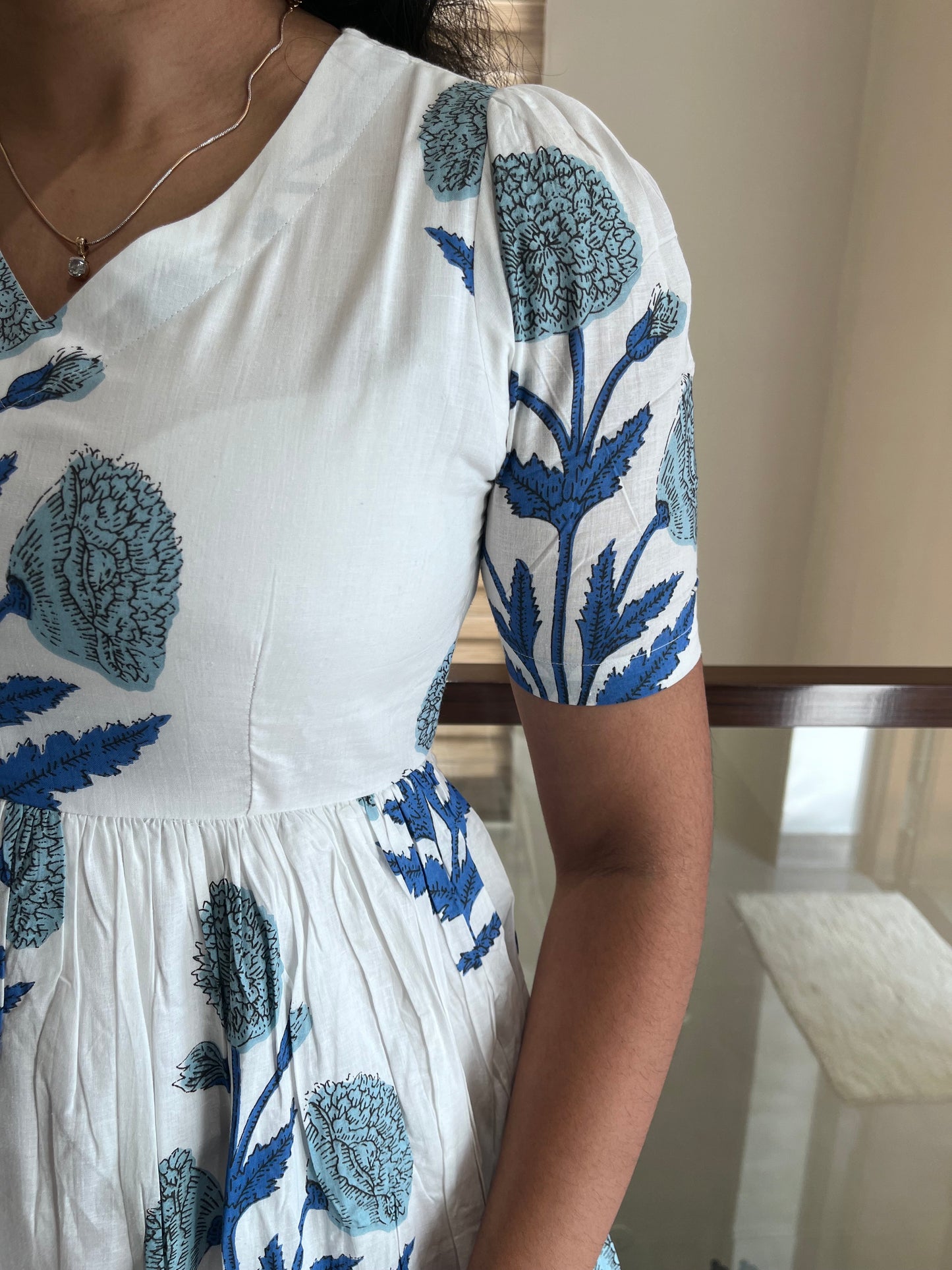 White Blue Flower Cotton Maxi