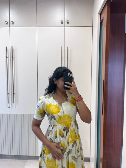 White With Yellow Floral Cotton Flex Maxi