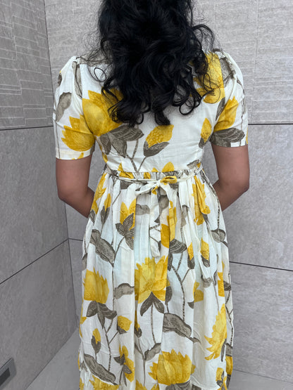 White With Yellow Floral Cotton Flex Maxi