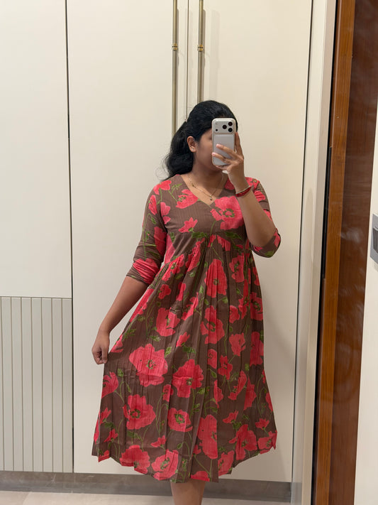 Brown Floral Aliacut Cotton Maxi
