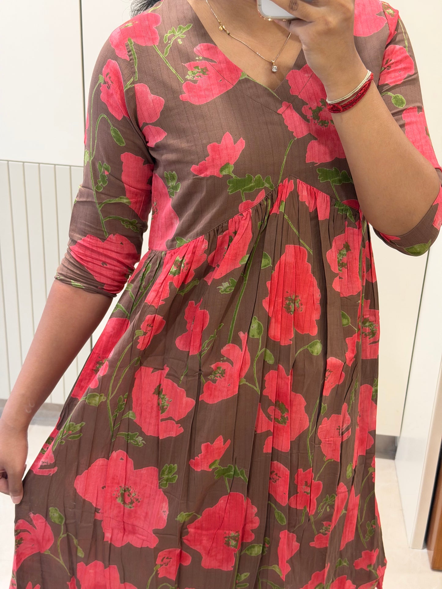 Brown Floral Aliacut Cotton Maxi