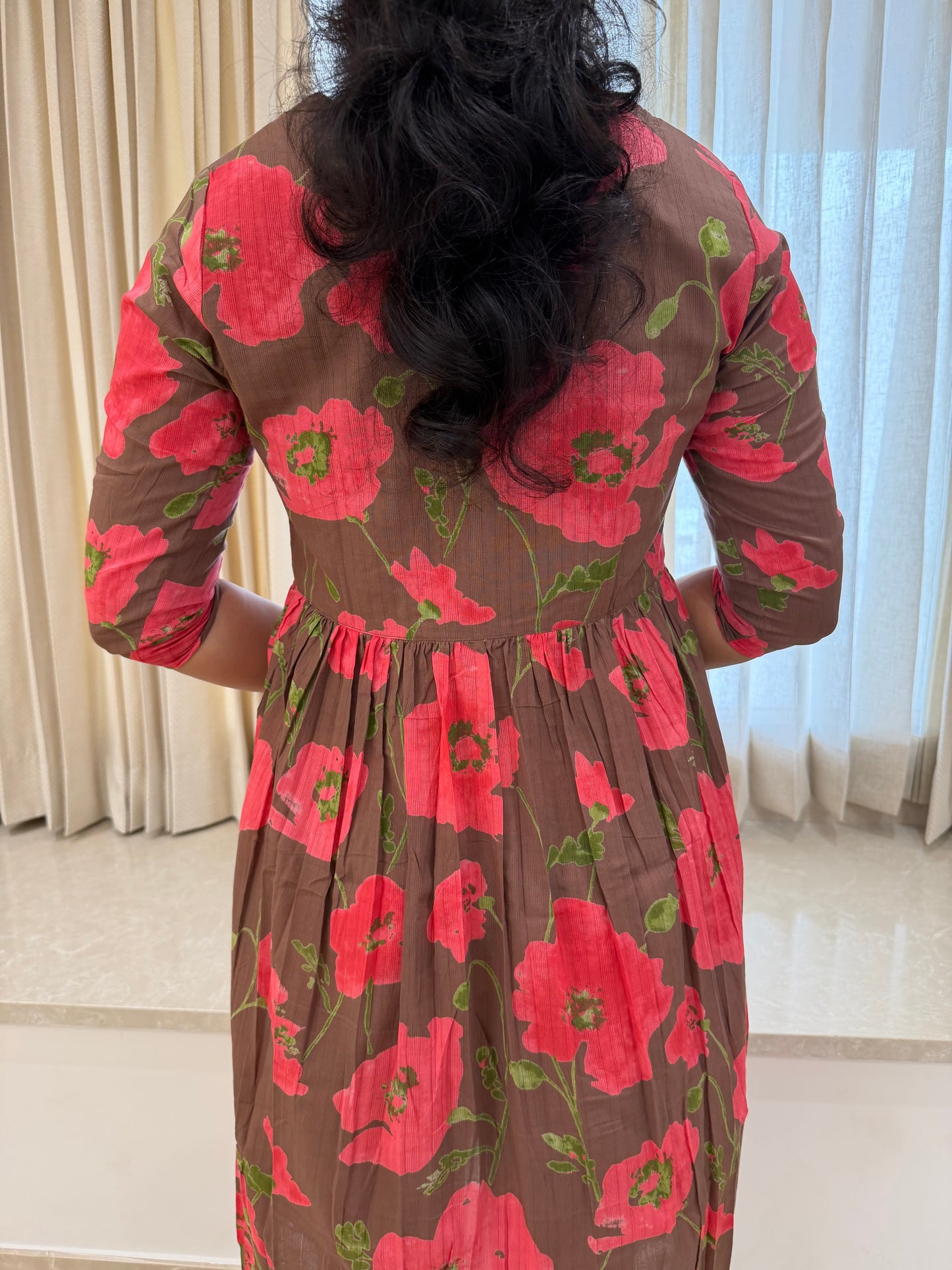 Brown Floral Aliacut Cotton Maxi