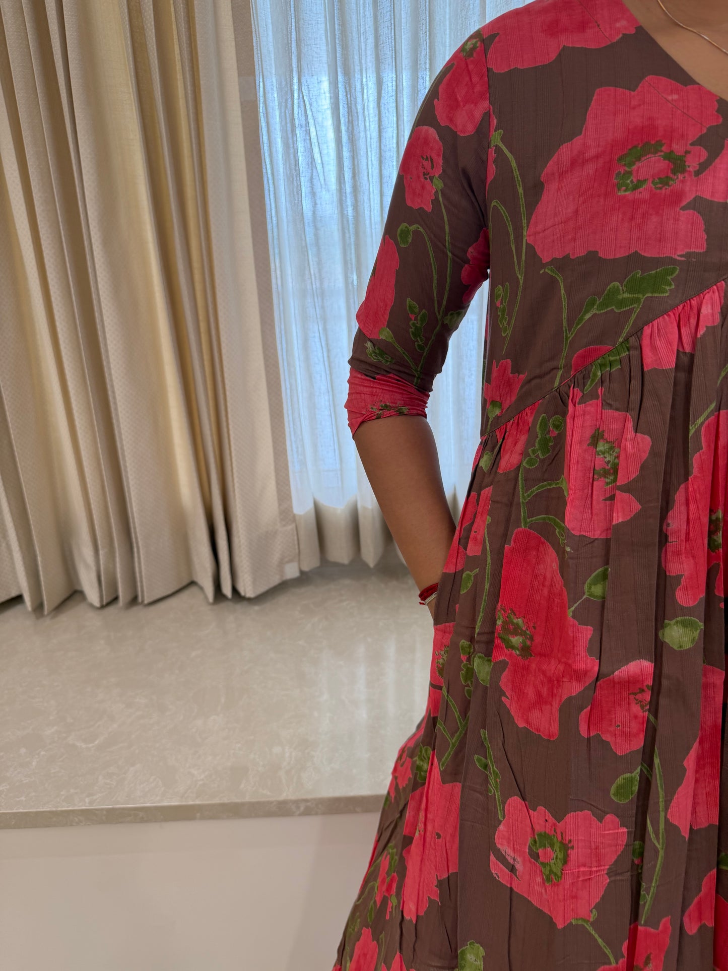 Brown Floral Aliacut Cotton Maxi