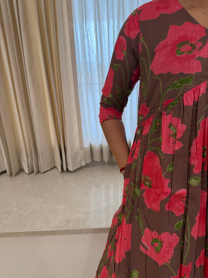 Brown Floral Aliacut Cotton Maxi