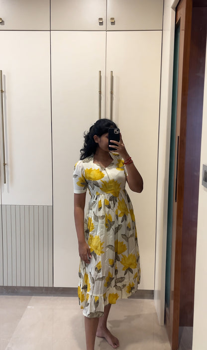 White With Yellow Floral Cotton Flex Maxi