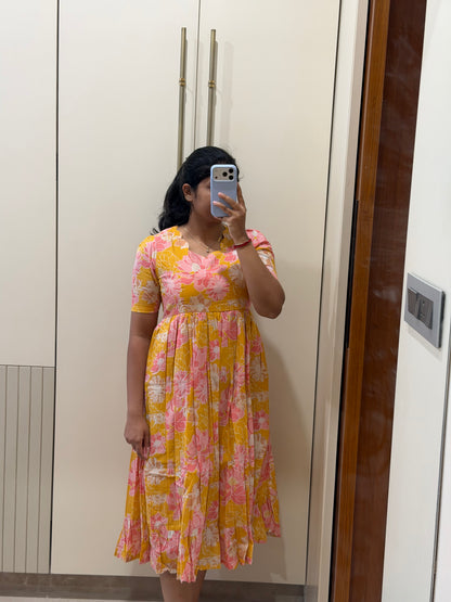 Yellow Pink Floral Cotton Maxi