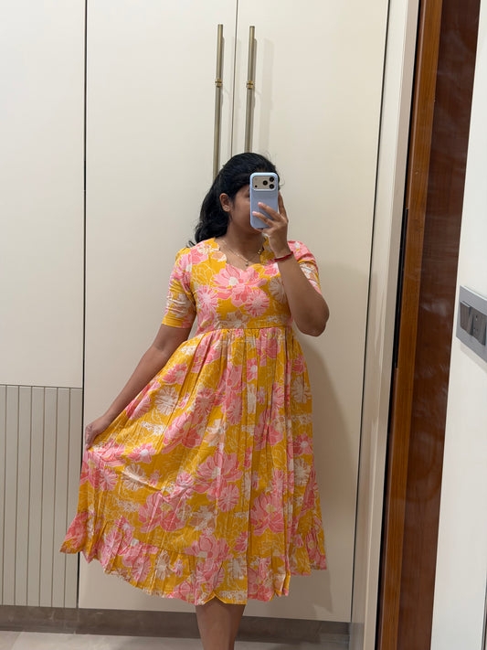 Yellow Pink Floral Cotton Maxi