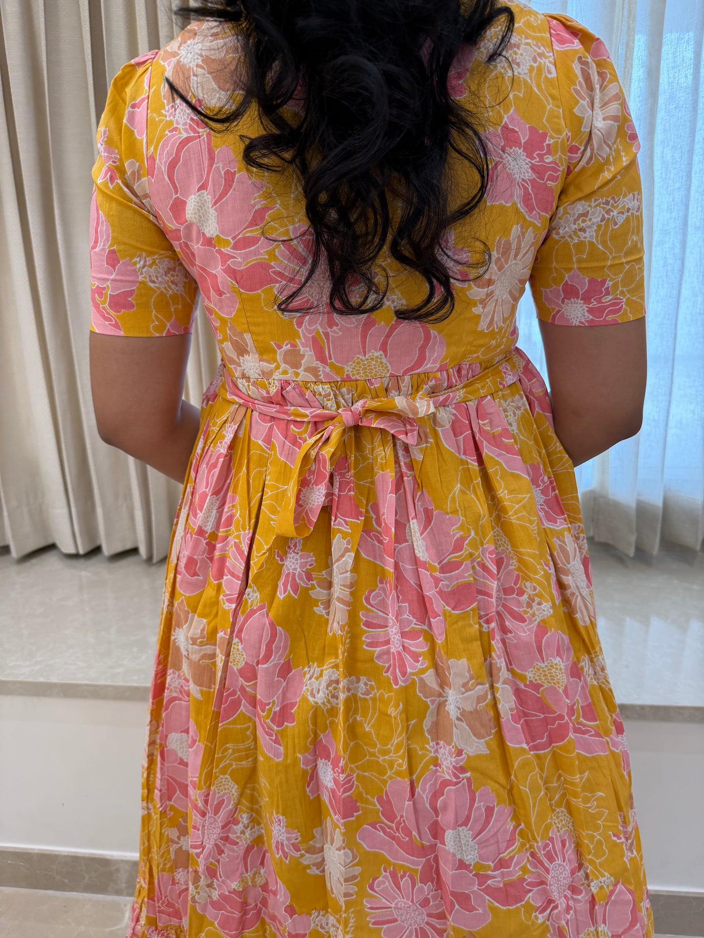 Yellow Pink Floral Cotton Maxi