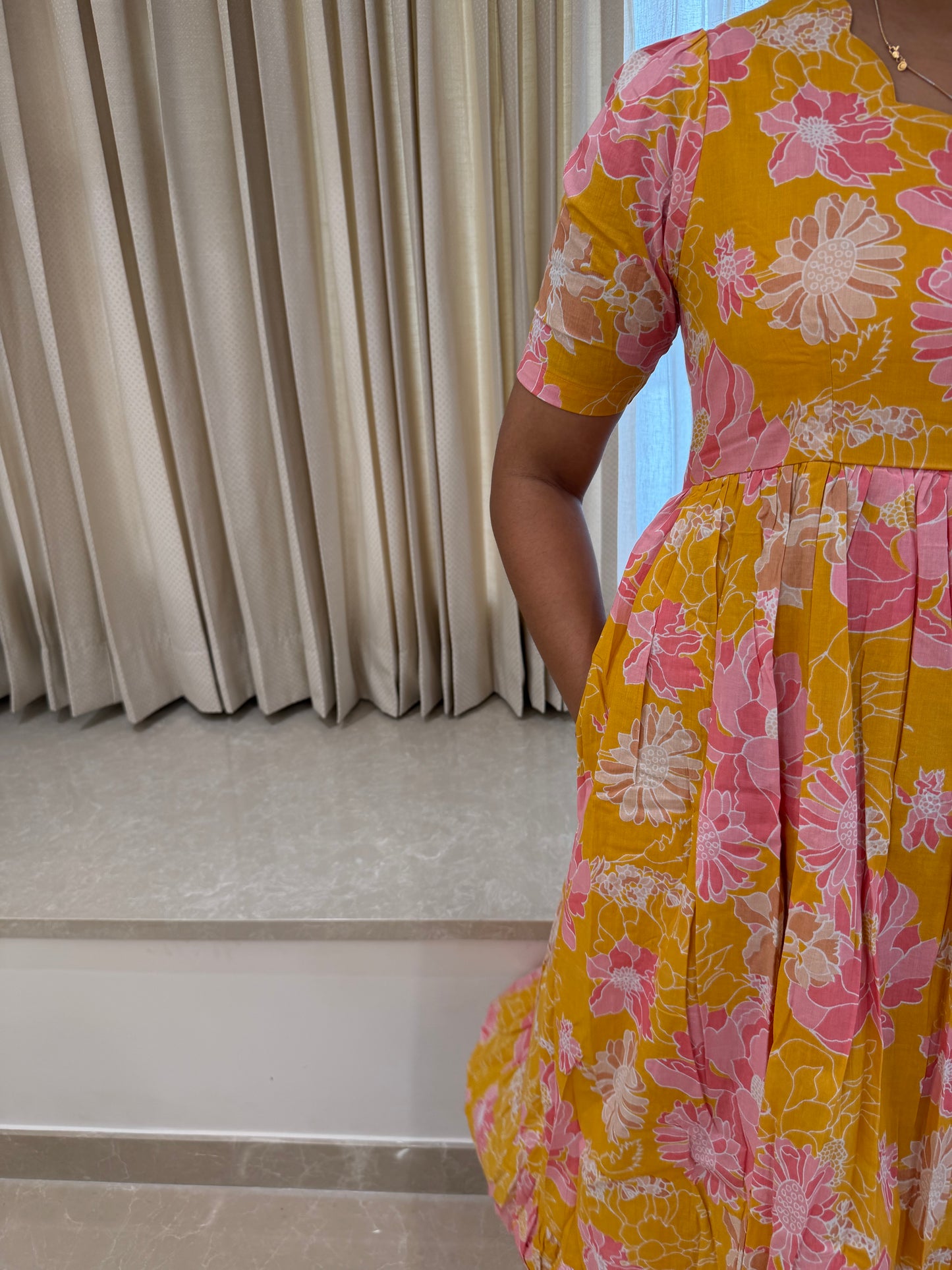 Yellow Pink Floral Cotton Maxi