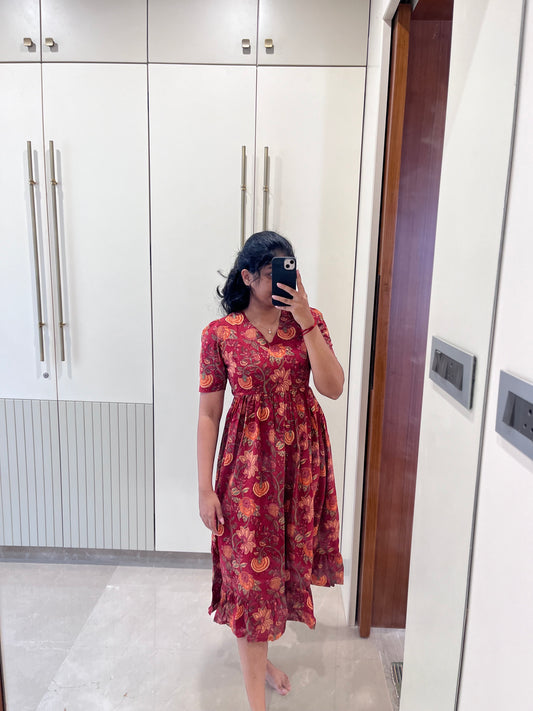 Dark Red Floral Cotton Maxi