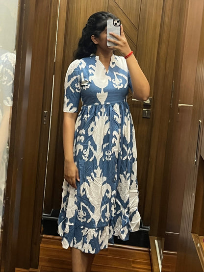 Denim Blue Pattern Cotton Maxi